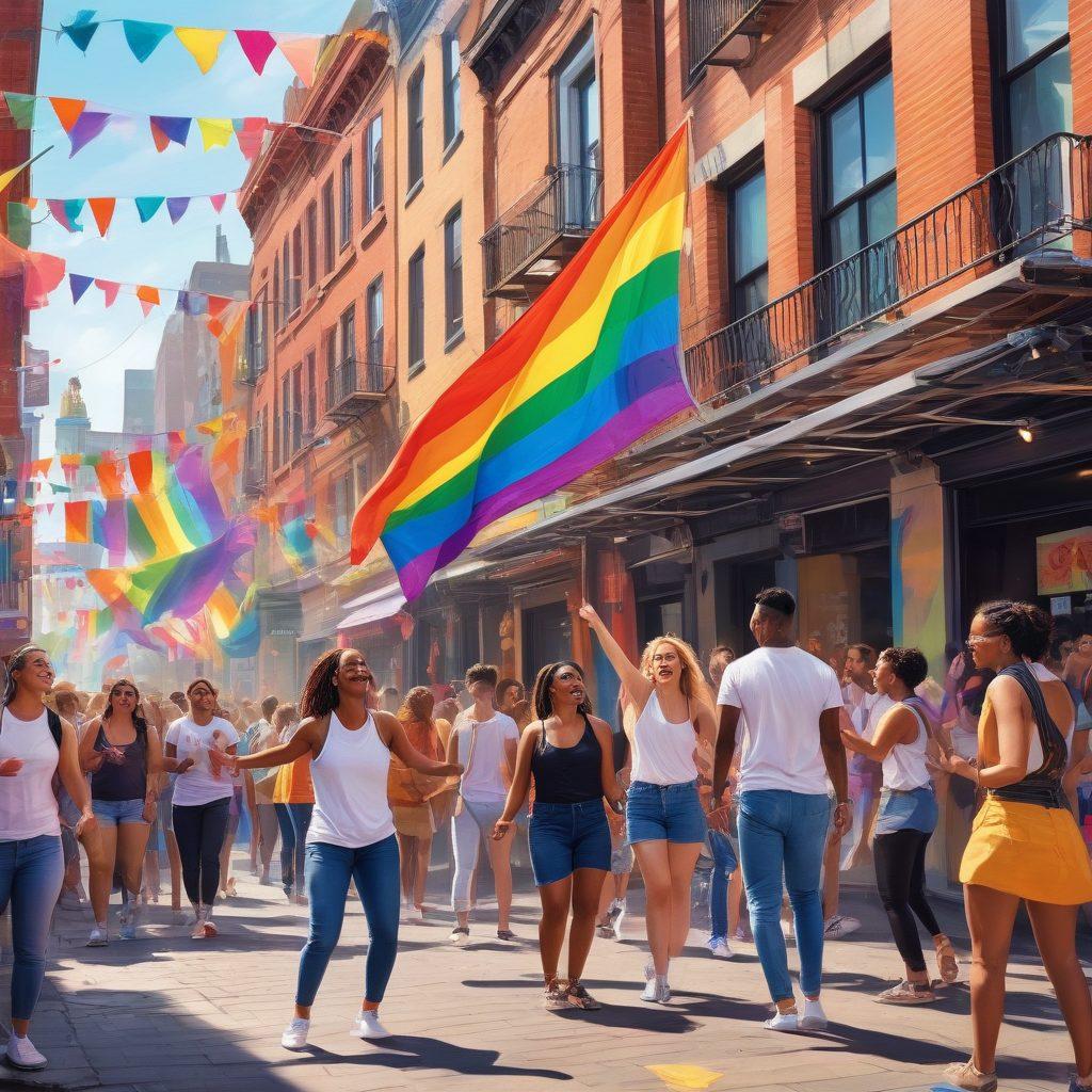 A lively urban scene featuring a diverse group of people from the LGBTQ community enjoying street activities such as dancing, chatting, and street performances. Display colorful pride flags and street art with inclusive messages. Portray a vibrant cityscape with iconic buildings and bustling streets. Highlight diversity, joy, and a sense of community. vector art. vibrant colors.