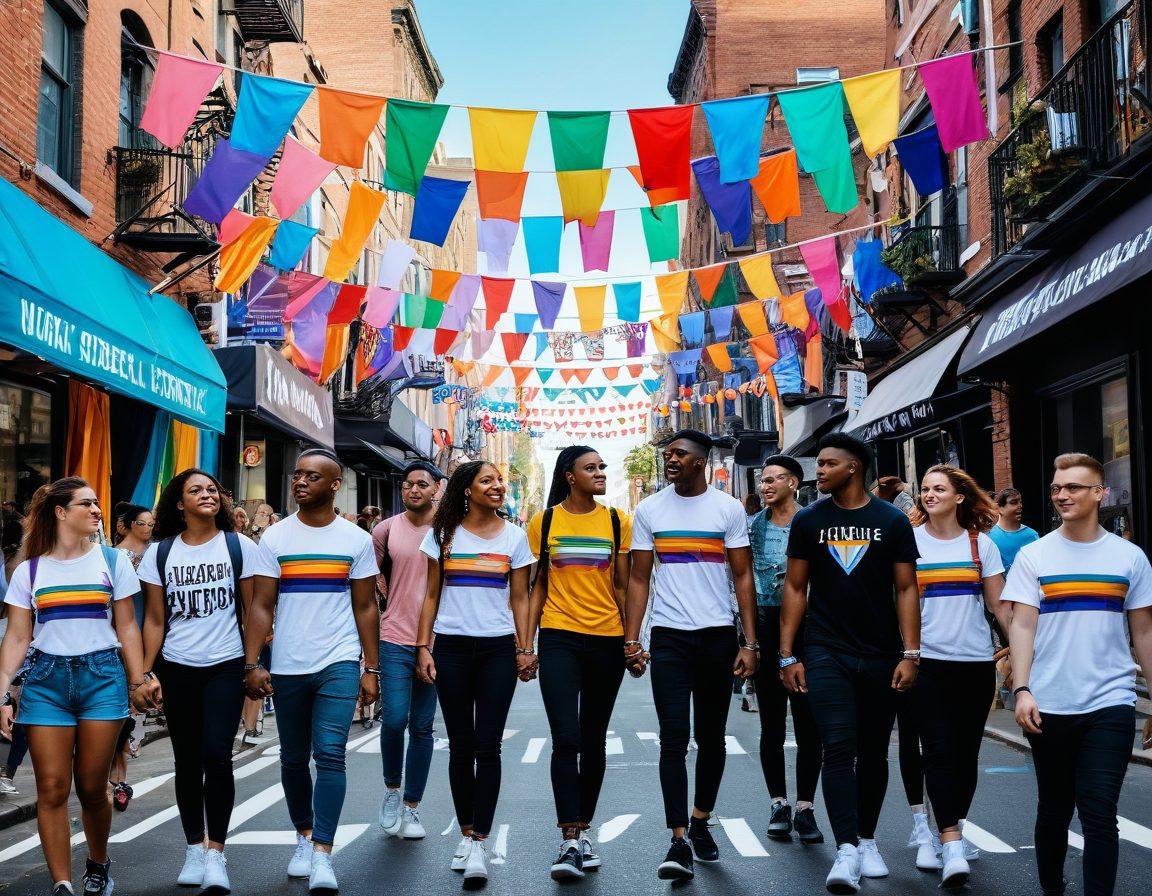 Vibrant city street with colorful LGBTQ+ flags hanging from buildings, diverse people in fashionable attire, couples holding hands, street art celebrating inclusivity, and a banner for a street video festival. super-realistic. vibrant colors. urban setting.
