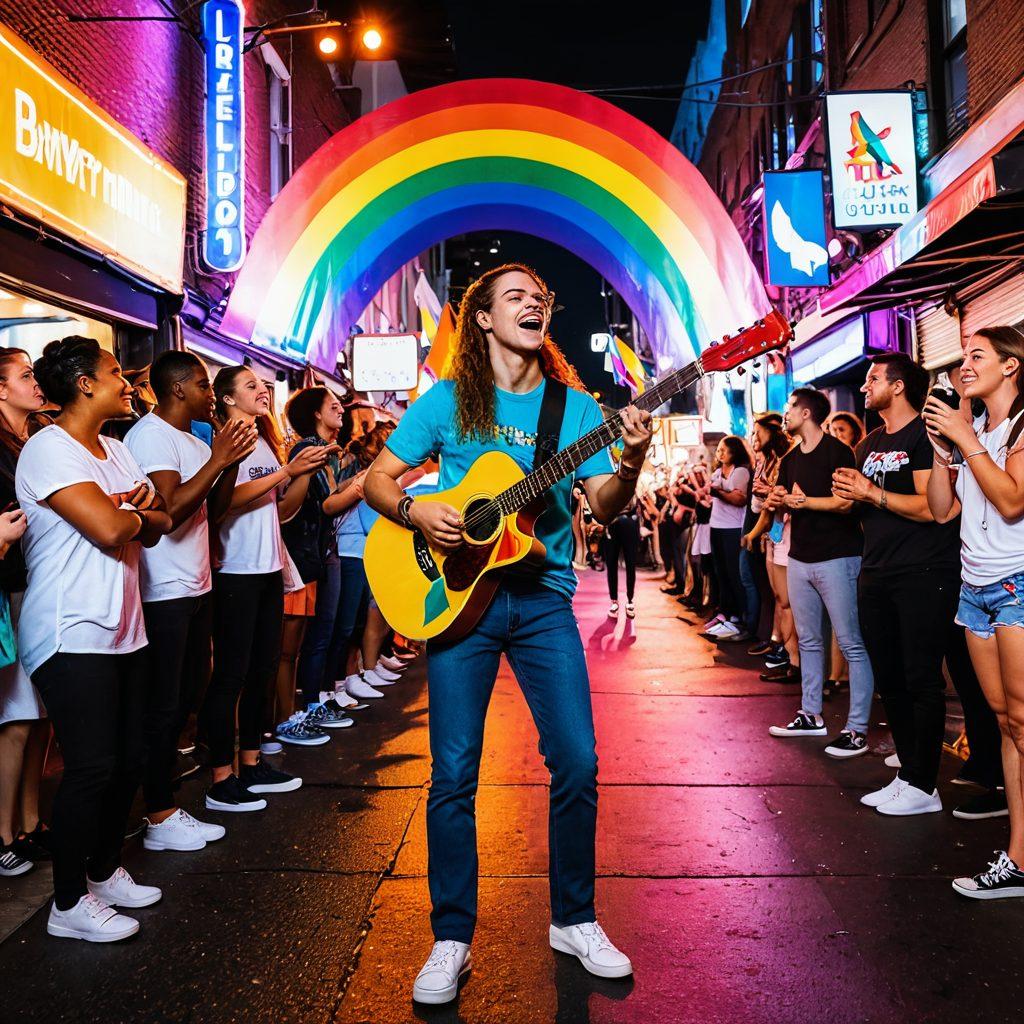 A bustling urban street filled with vibrant nightlife, diverse crowd enjoying music, dancing, and street performances; colorful LGBTQ+ flags and neon signs illuminating the scene; spotlight on a street performer with a rainbow guitar. painting. vibrant colors. night scene.
